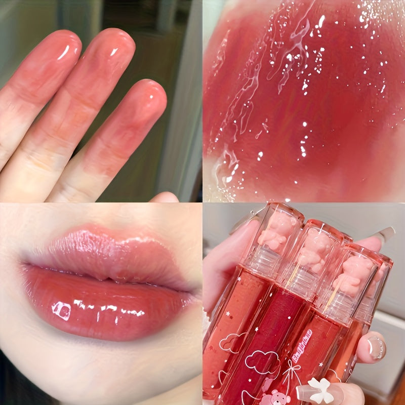 6 color lip glaze, cute little bear, mirror gloss, jelly lips with sparkling light dew water, long-lasting stain resistant transparent film forming lip gloss, full lip color.