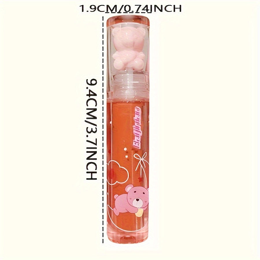 6 color lip glaze, cute little bear, mirror gloss, jelly lips with sparkling light dew water, long-lasting stain resistant transparent film forming lip gloss, full lip color.