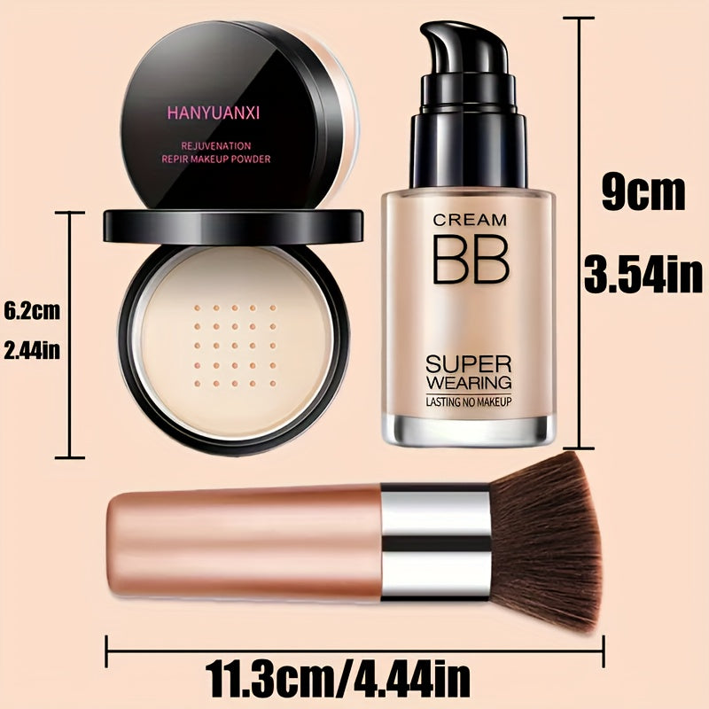 Face Makeup Kit- BB Cream & Makeup Powder & Brush, Matte foundation, concealer BB, quickly complete your daily makeup routine, Moisturizing, long-lasting makeup, Quick Beauty Routine, Buildable Coverage, Creamy Texture, Longw