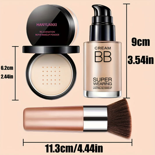 Face Makeup Kit- BB Cream & Makeup Powder & Brush, Matte foundation, concealer BB, quickly complete your daily makeup routine, Moisturizing, long-lasting makeup, Quick Beauty Routine, Buildable Coverage, Creamy Texture, Longw