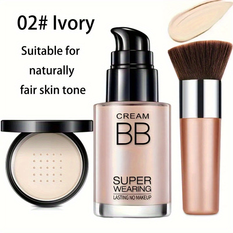 Face Makeup Kit- BB Cream & Makeup Powder & Brush, Matte foundation, concealer BB, quickly complete your daily makeup routine, Moisturizing, long-lasting makeup, Quick Beauty Routine, Buildable Coverage, Creamy Texture, Longw