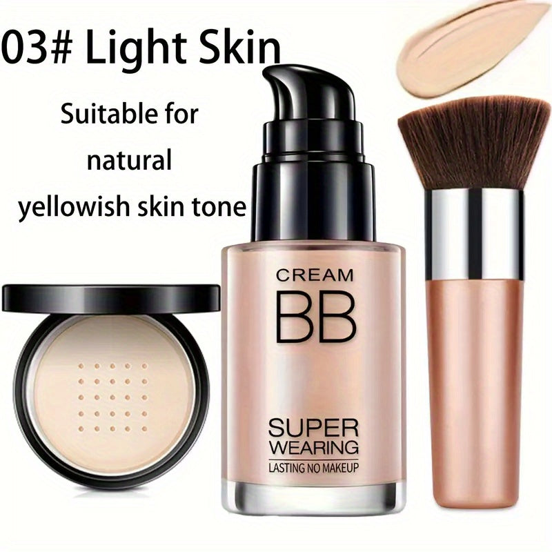 Face Makeup Kit- BB Cream & Makeup Powder & Brush, Matte foundation, concealer BB, quickly complete your daily makeup routine, Moisturizing, long-lasting makeup, Quick Beauty Routine, Buildable Coverage, Creamy Texture, Longw