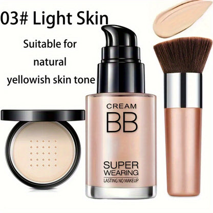 Face Makeup Kit- BB Cream & Makeup Powder & Brush, Matte foundation, concealer BB, quickly complete your daily makeup routine, Moisturizing, long-lasting makeup, Quick Beauty Routine, Buildable Coverage, Creamy Texture, Longw