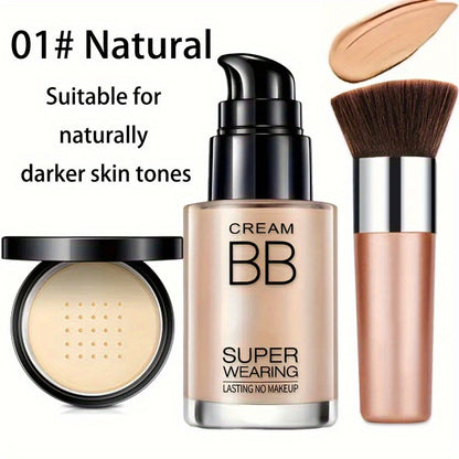 Face Makeup Kit- BB Cream & Makeup Powder & Brush, Matte foundation, concealer BB, quickly complete your daily makeup routine, Moisturizing, long-lasting makeup, Quick Beauty Routine, Buildable Coverage, Creamy Texture, Longw