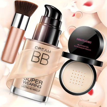 Face Makeup Kit- BB Cream & Makeup Powder & Brush, Matte foundation, concealer BB, quickly complete your daily makeup routine, Moisturizing, long-lasting makeup, Quick Beauty Routine, Buildable Coverage, Creamy Texture, Longw