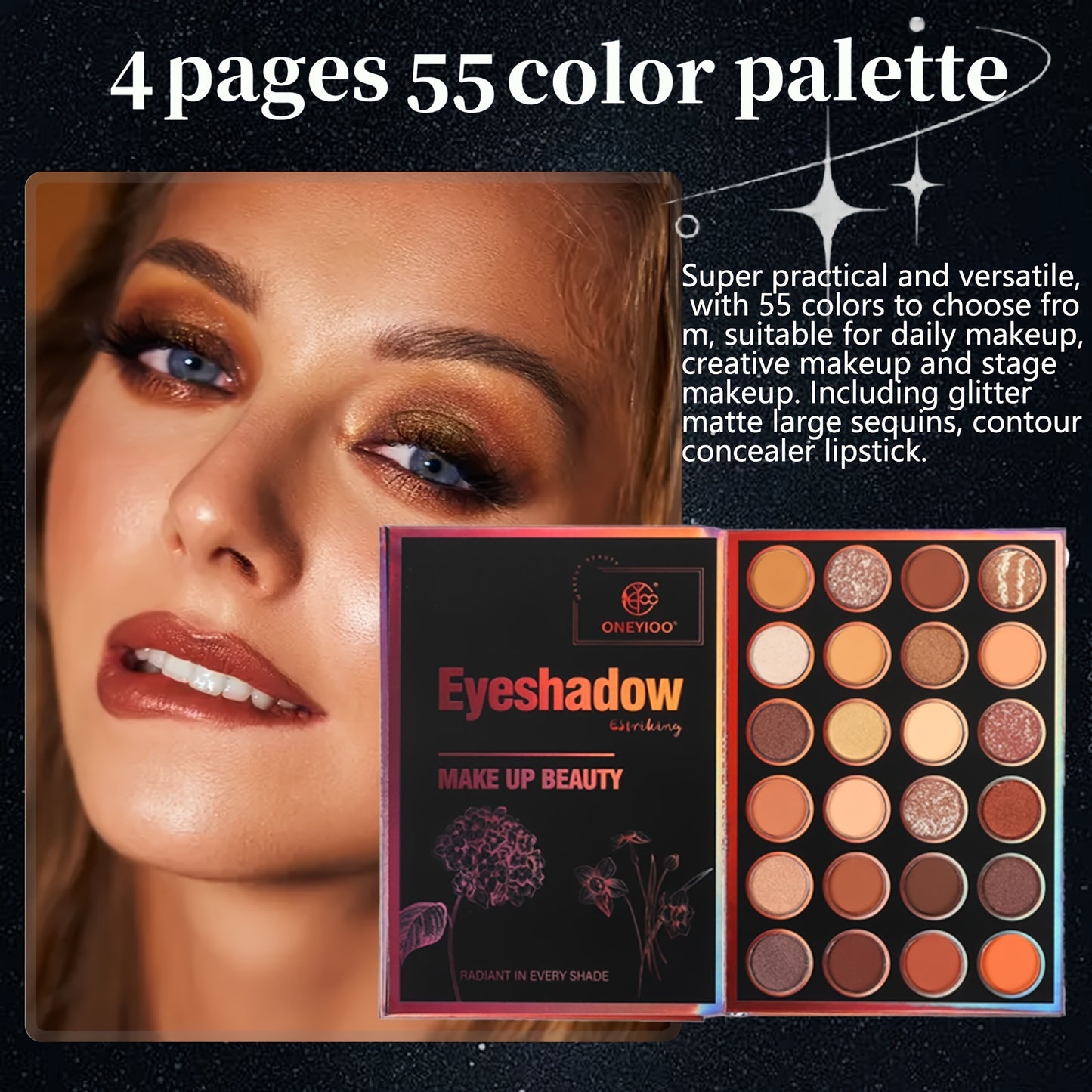 Extra Large New 4-Page 55-Color Eyeshadow Palette with 24 Matte & Shimmer Shades, 6 Lip Glosses, and 9 Highlighters - Perfect Multifunctional Makeup Set for Women's Holiday Gifts