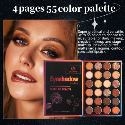 Extra Large New 4-Page 55-Color Eyeshadow Palette with 24 Matte & Shimmer Shades, 6 Lip Glosses, and 9 Highlighters - Perfect Multifunctional Makeup Set for Women's Holiday Gifts