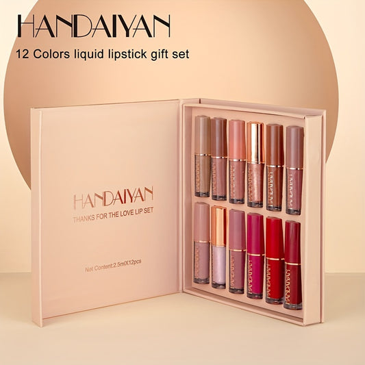 HANDAIYAN 12 Velvet Lip Color Set, Liquid Lip Color Cosmetics, Liquid Lip Color, Non-Drip, Long-Lasting, Waterproof, Matte Lip Color, Suitable As a Mother'S Day Gift Set, for Music Festivals, Valentine'S Day, Parties, Hallowe