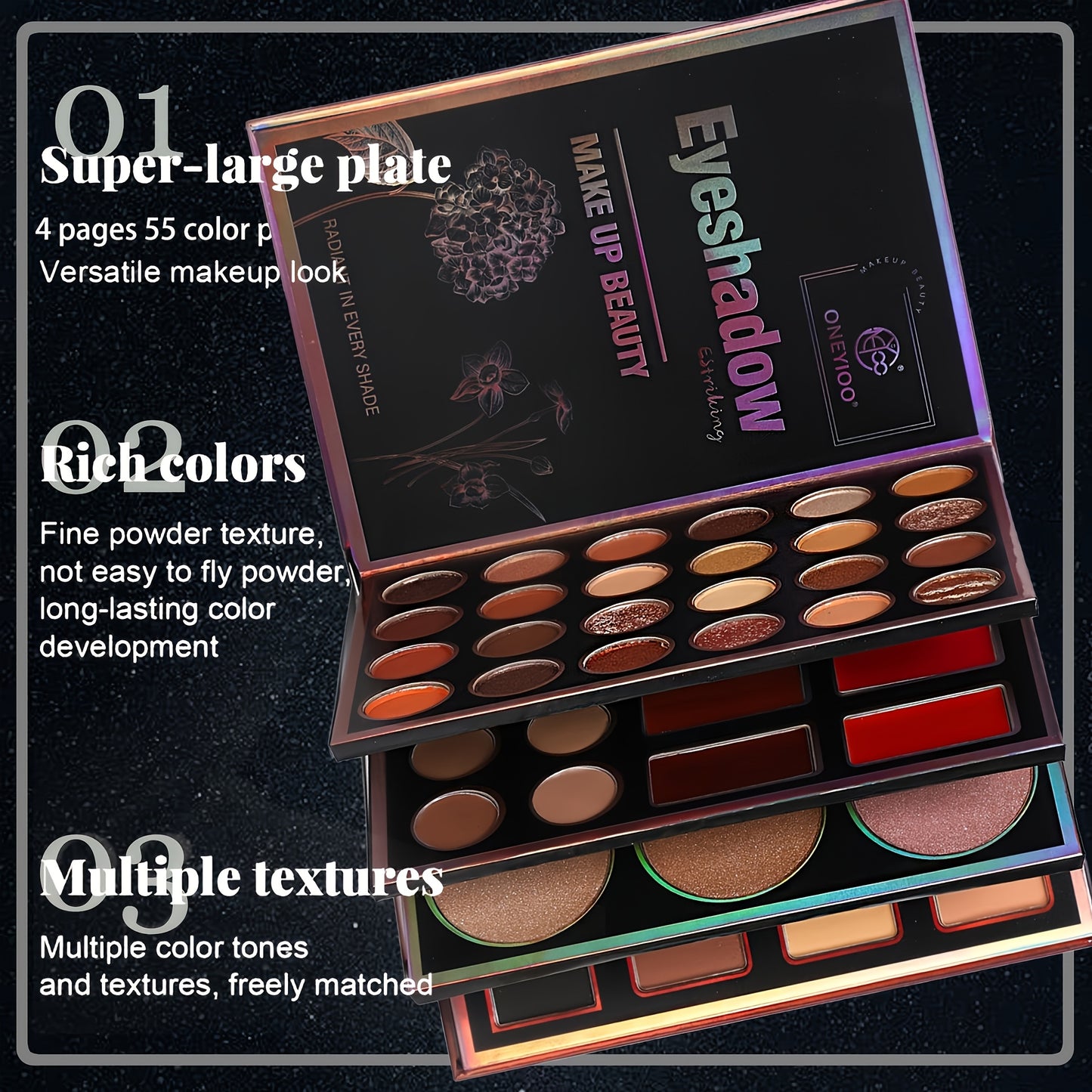 Extra Large New 4-Page 55-Color Eyeshadow Palette with 24 Matte & Shimmer Shades, 6 Lip Glosses, and 9 Highlighters - Perfect Multifunctional Makeup Set for Women's Holiday Gifts