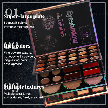 Extra Large New 4-Page 55-Color Eyeshadow Palette with 24 Matte & Shimmer Shades, 6 Lip Glosses, and 9 Highlighters - Perfect Multifunctional Makeup Set for Women's Holiday Gifts