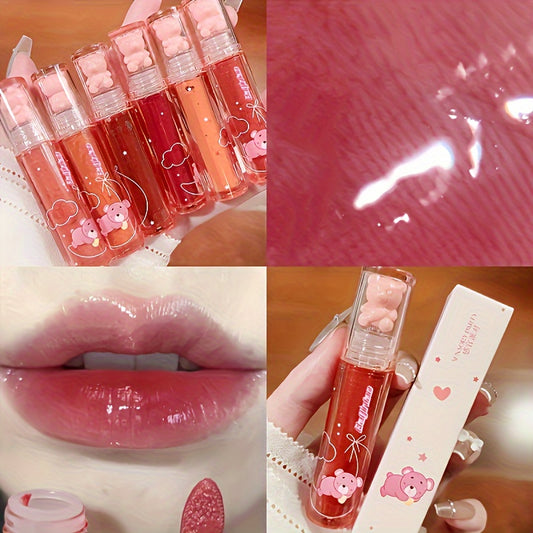 6 color lip glaze, cute little bear, mirror gloss, jelly lips with sparkling light dew water, long-lasting stain resistant transparent film forming lip gloss, full lip color.