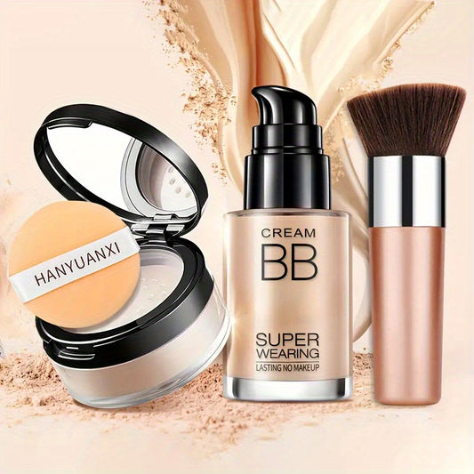 Face Makeup Kit- BB Cream & Makeup Powder & Brush, Matte foundation, concealer BB, quickly complete your daily makeup routine, Moisturizing, long-lasting makeup, Quick Beauty Routine, Buildable Coverage, Creamy Texture, Longw