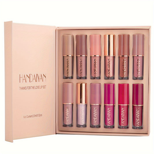 HANDAIYAN 12 Velvet Lip Color Set, Liquid Lip Color Cosmetics, Liquid Lip Color, Non-Drip, Long-Lasting, Waterproof, Matte Lip Color, Suitable As a Mother'S Day Gift Set, for Music Festivals, Valentine'S Day, Parties, Hallowe