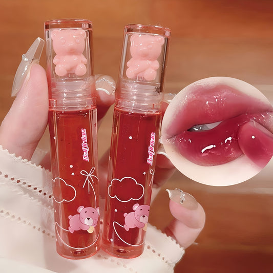 6 color lip glaze, cute little bear, mirror gloss, jelly lips with sparkling light dew water, long-lasting stain resistant transparent film forming lip gloss, full lip color.